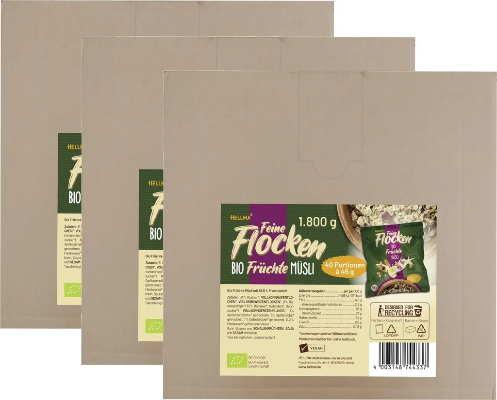 Hellma feine FlockenFrüchte Müsli 40 Portionen á 45g (3er Pack)