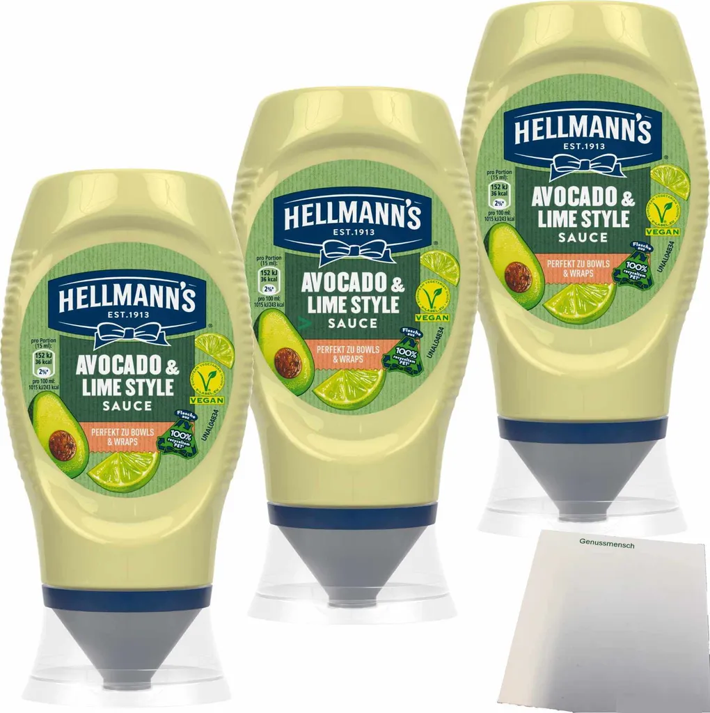 Hellmann's Advocado & Lime Style Sauce Perfect for bowls and wraps 3-pack (3x250ml bottle) + usy block