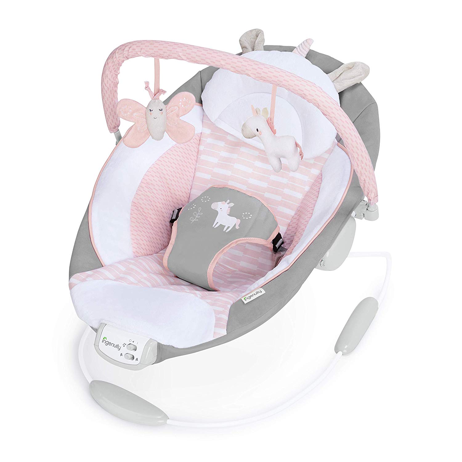 Ingenuity, vibrating rocker with music, volume controls, toys, padded headrest, seat belt, non-slip feet and more, Flora