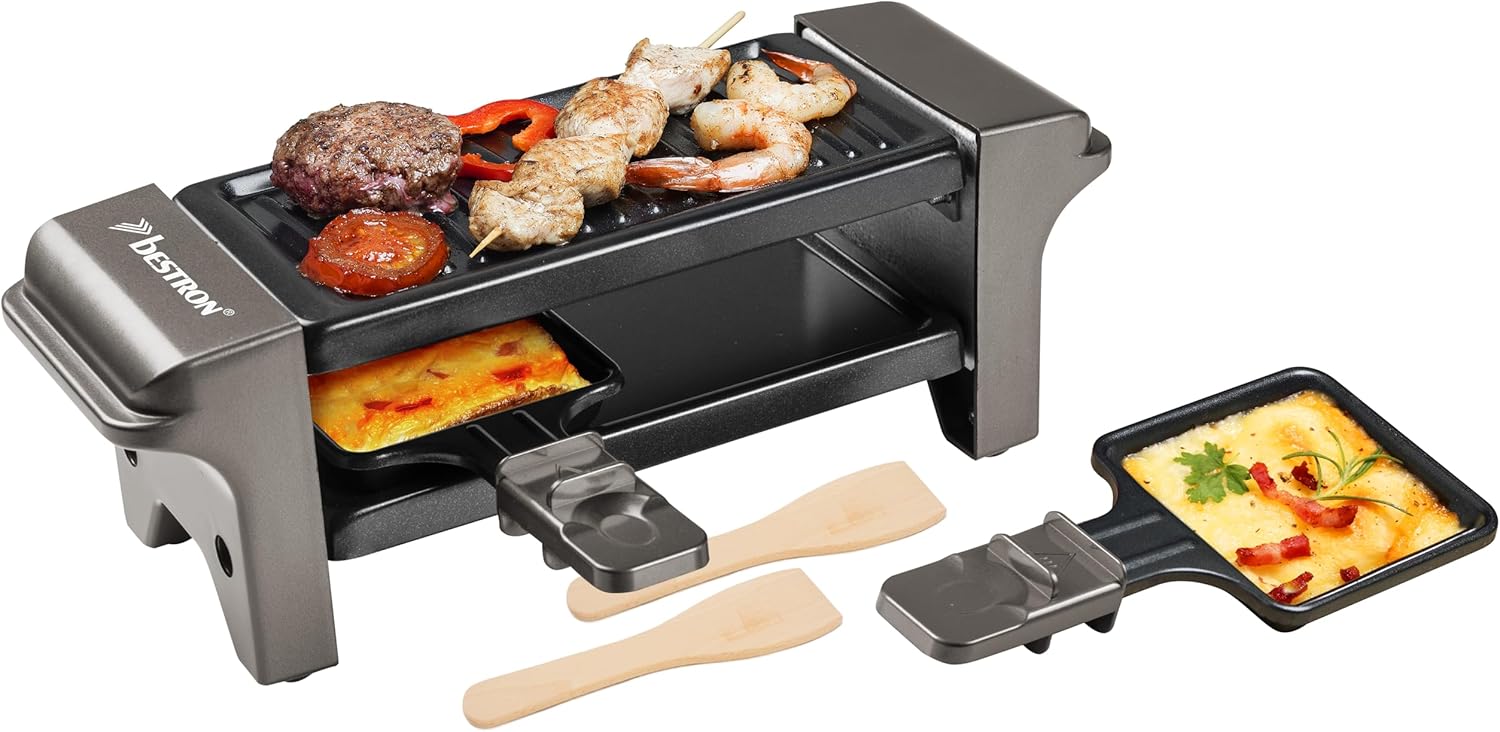 Bestron Raclette for 1 to 2 People, Mini Table Grill with Two Pans, Two Wooden Scrapers and Two Coasters, 350 Watt, Colour: Titanium Grey
