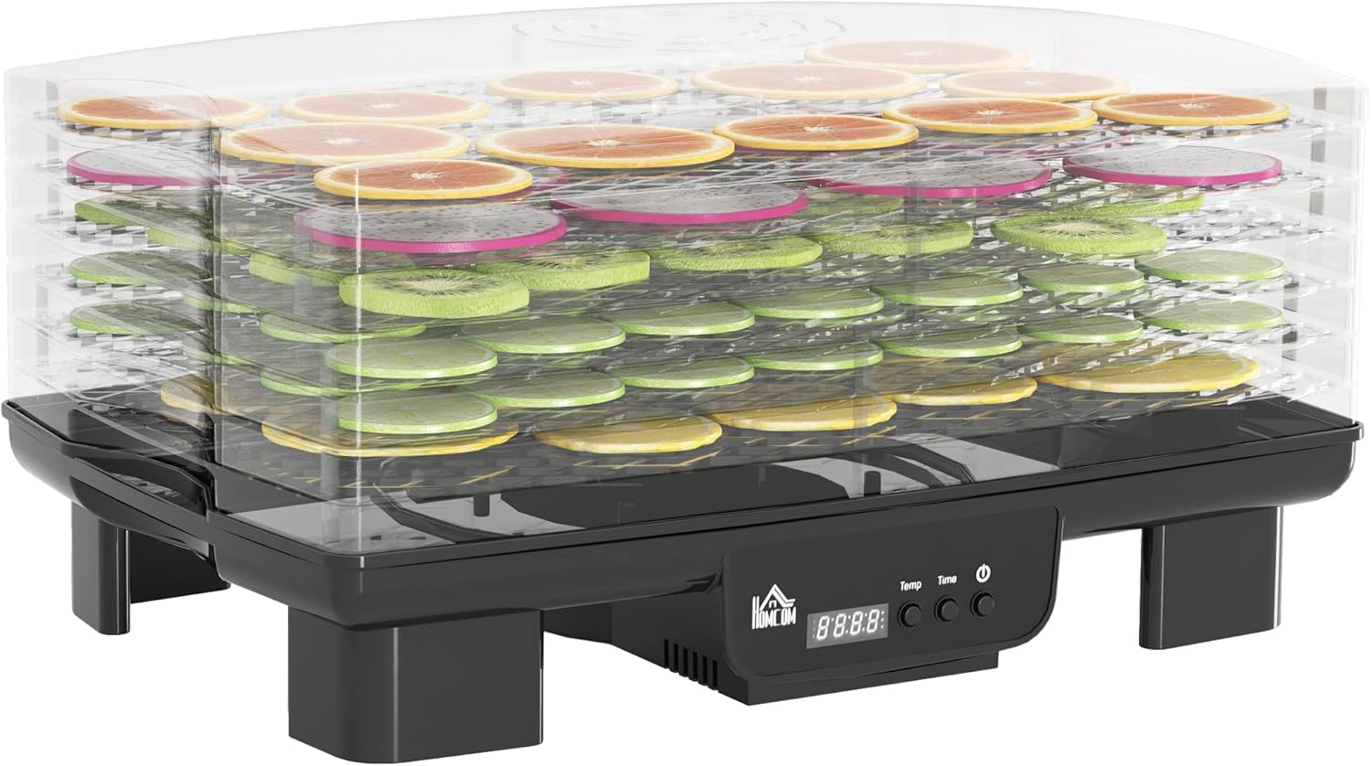 HOMCOM Dehydrator with 6 Height-Adjustable Compartments, 550 W, 40-70 °C, 48 Hour Timer, Dehydrator for Meat, Fruit, Vegetables, Flowers, Black