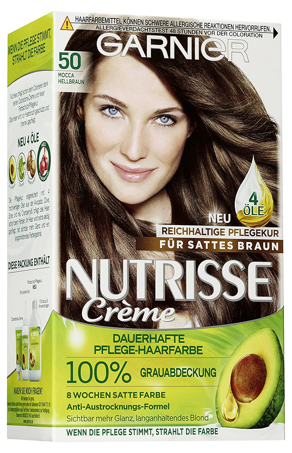 Garnier Nutrisse Cream Colour, Mocha Light Brown 50 / Colouring for Permanent Hair Colour (with 3 Nourishing Oils) Pack of 3, ‎light