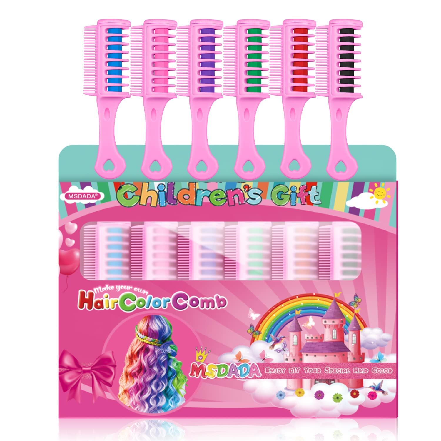 MSDADA The Hair Chalk Comb Pack of 6 Temporary Dyeing Hair Colour Comb for Children Washable Non-Toxic for Girls Birthday Gifts Age 4+ Carnival Halloween Party Cosplay (6 Colours), green purple pink black red ‎blue