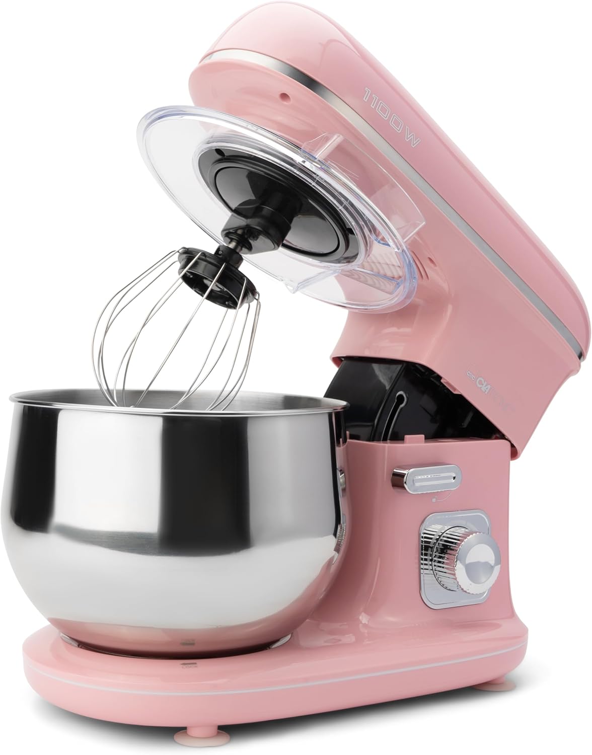 Clatronic Rock\'n\'Retro KM 3711 Kneading Machine with Transparent Splash Guard Lid with Refill Opening and Pivoting Multifunctional Arm 1100 Watt 5 Liter, Pink
