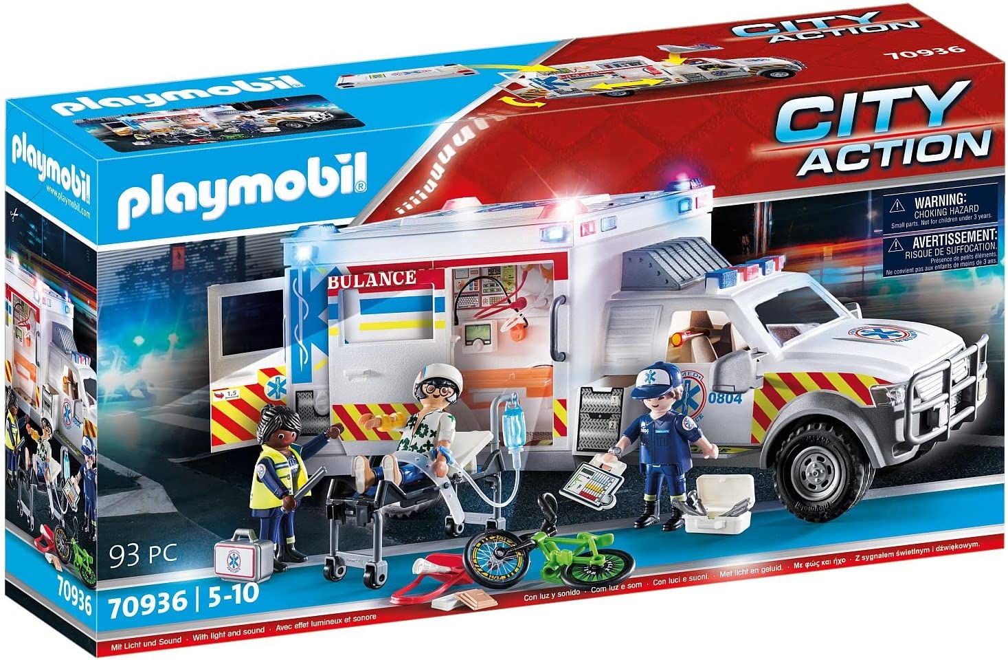 PLAYMOBIL City Action 70936 US Ambulance Rescue Vehicle with Light and Sound Toy for Children Aged 5 and Up