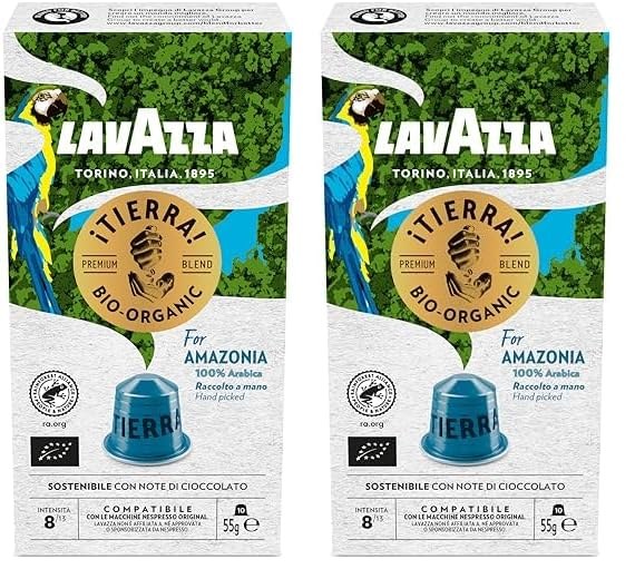 Lavazza Tierra for Amazonia Bio Organic, Full-bodied Espresso with Flavors of Chocolate and Dried Fruit, 10 Capsules, Nespresso Compatible (Pack of 2)