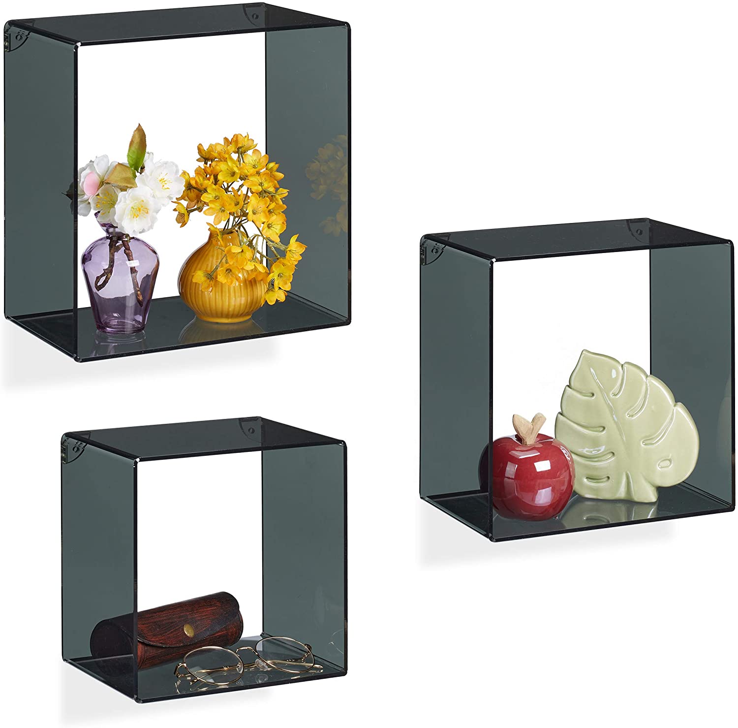 Relaxdays Set of 3 Acrylic Floating Decorative Plants CD Living Room Hallway Square Cube Shelf Black