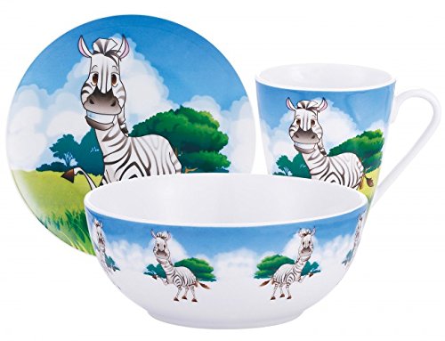 Kaiser Hoff Porcelain Zebra Children\'s Melamine Tableware Set – Tea set – Tea Set – Mug, Cereal Bowl & Plate – 3