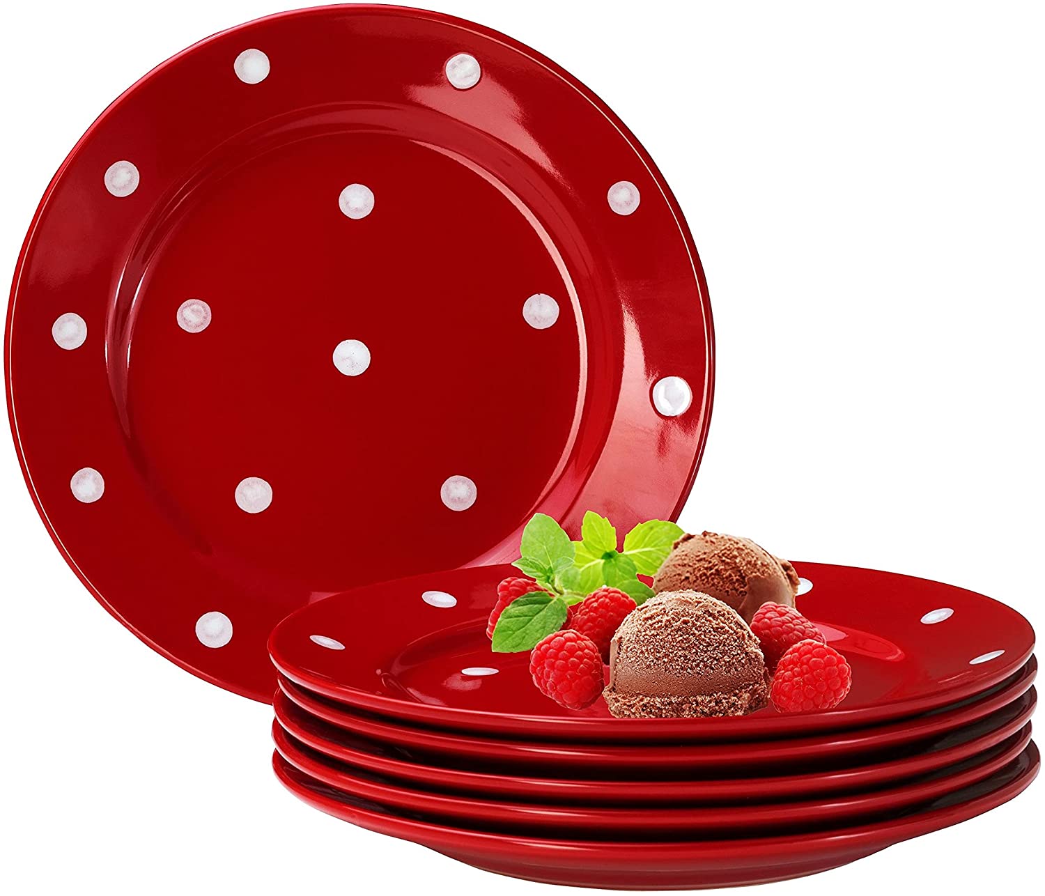 Van Well Emily Set of 6 Cake Plates Red / White Polka Dots Round Diameter 200 mm Stoneware Plates Round Dessert Plates