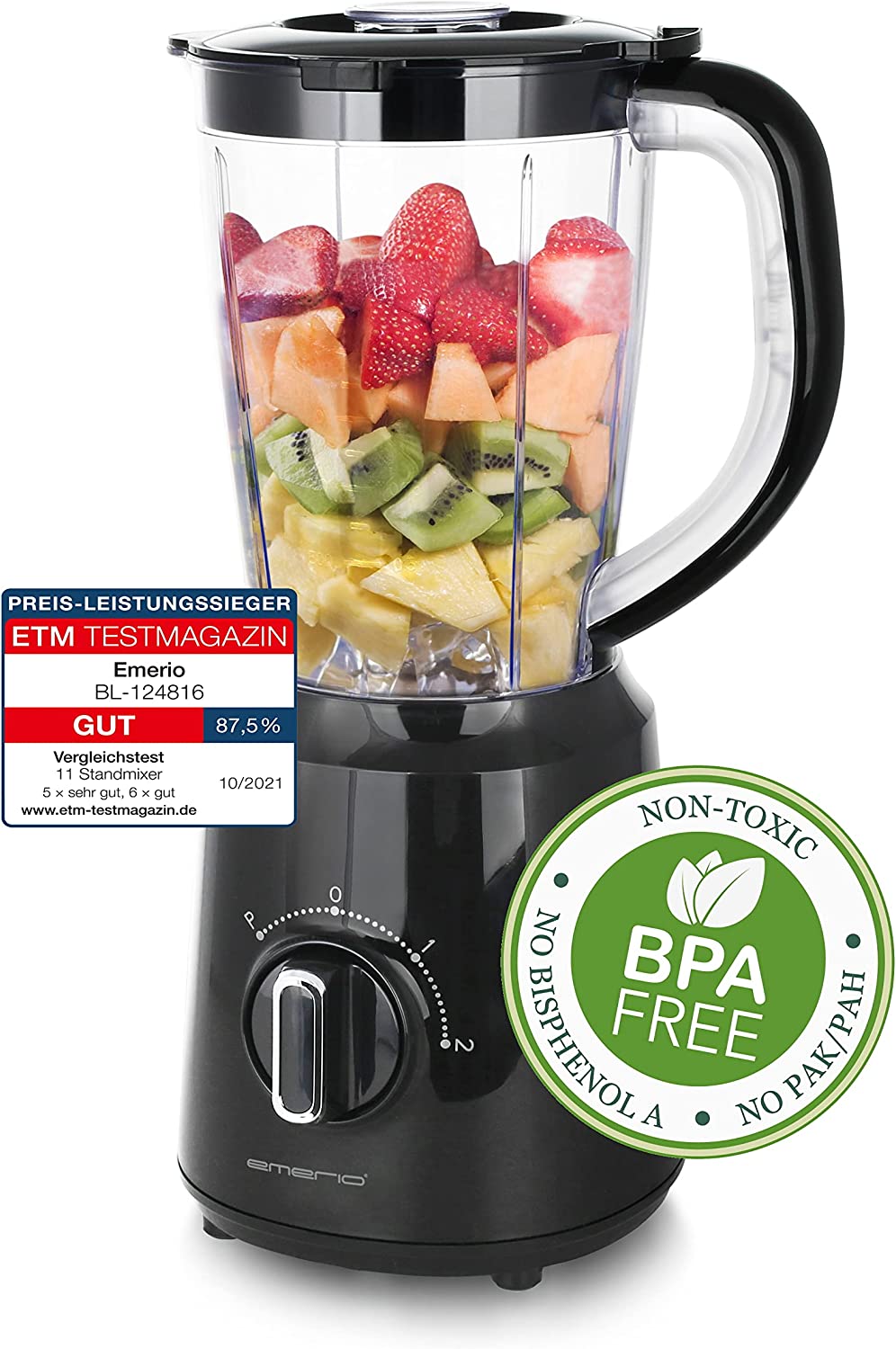 Emerio BL-12816.8 Blender BPA-Free Crush Ice Function 1.5 L Container 2 Speeds + Pulse Function Blade Unit Made of Stainless Steel Safety Switch Dishwasher Safe 500 Watt Black