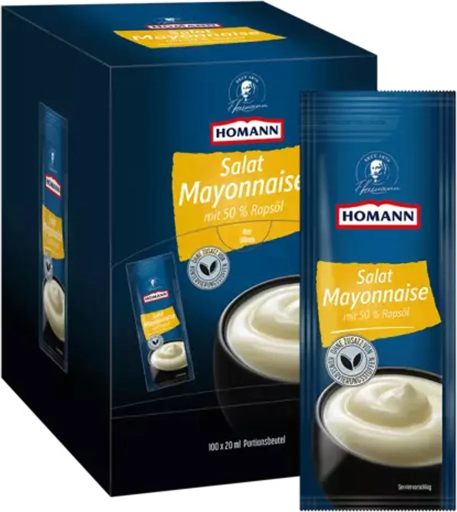 Homann Salatmayonnaise der Klassiker als Beilage zu Pommes 100x20ml