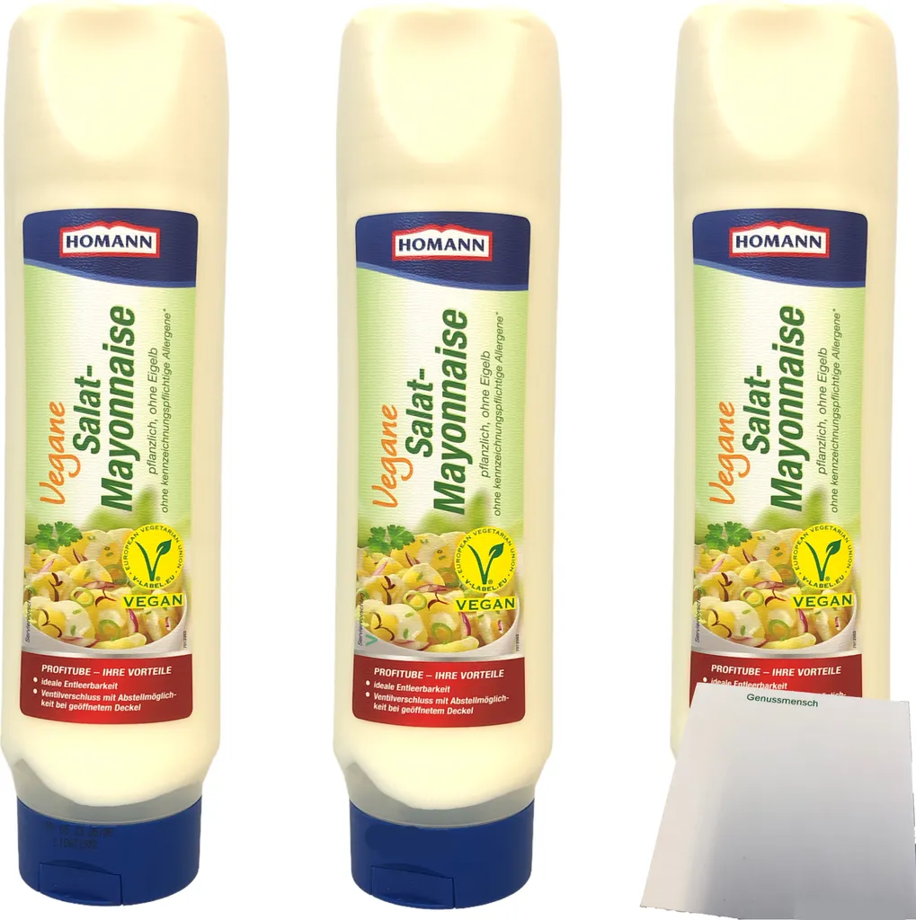 Homann vegane Mayonnaise 50% laktose glutenfrei 3er Pack (3x875ml Tube) + usy Block