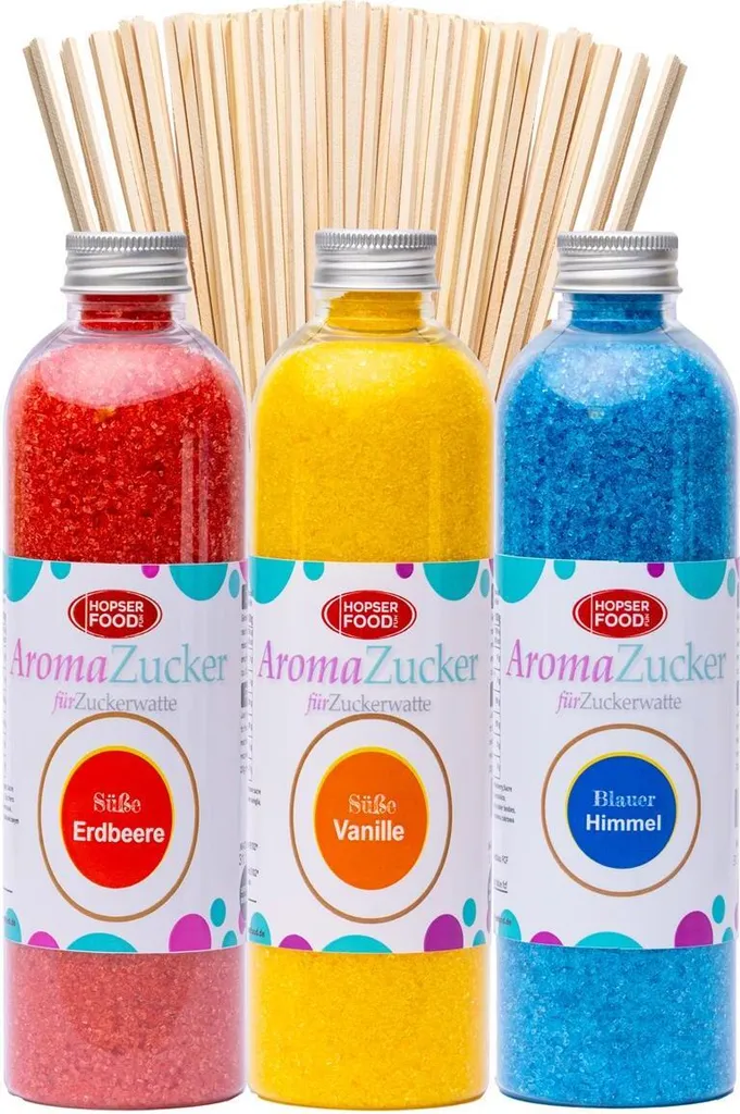 Hopser Food Fun Sugar for Cotton Candy 3 x 230 grams for cotton candy machine Including 50 cotton candy sticks (Set 1 Strawberry, Vanilla, Bubble Gum + 50 sticks)