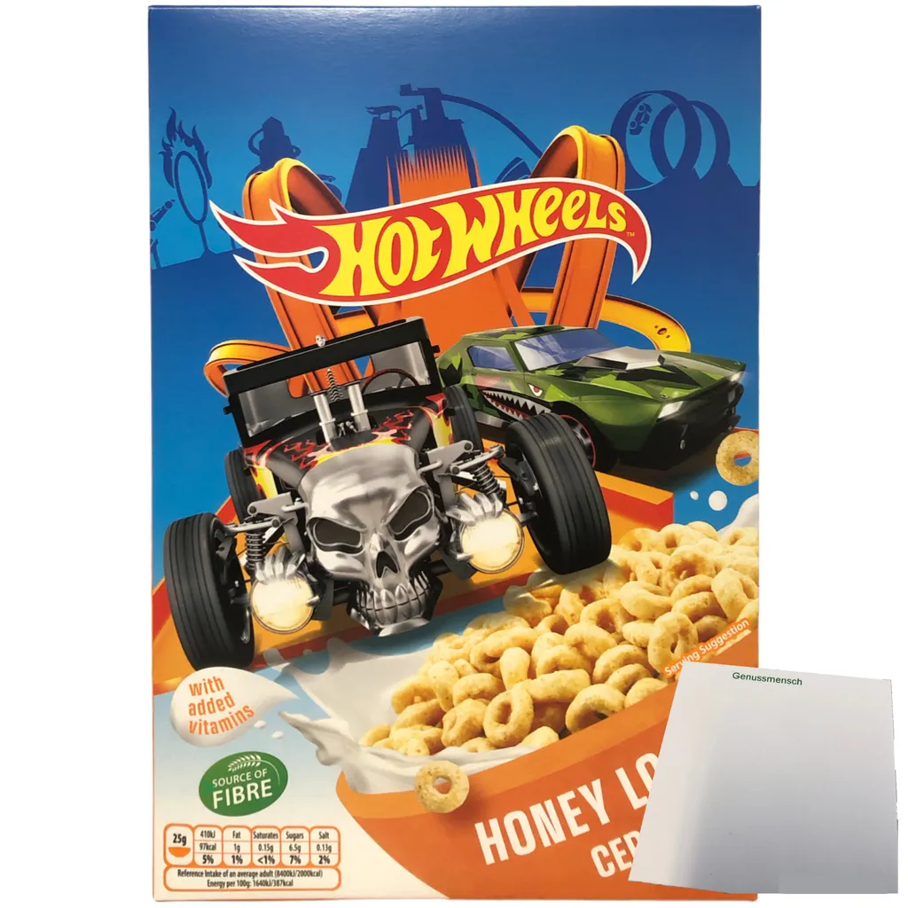 Hot Wheels Honey Loops Frühstückscerealien aus Vollkorngetreide mit Honig (375g Packung) + usy Block