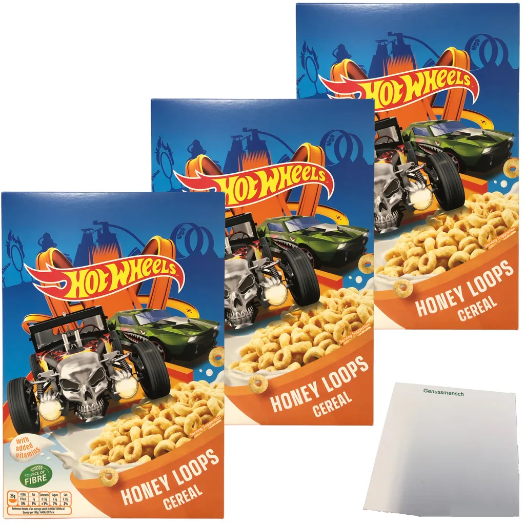 Hot Wheels Honey Loops Frühstückscerealien aus Vollkorngetreide mit Honig 3er Pack (3x375g Packung) + usy Block