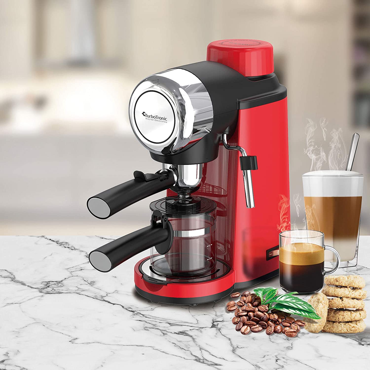 Turbotronic/Espresso Portafilter Machine with Milk Foam Nozzle / 3.5 Bar / Black / Red / Pads