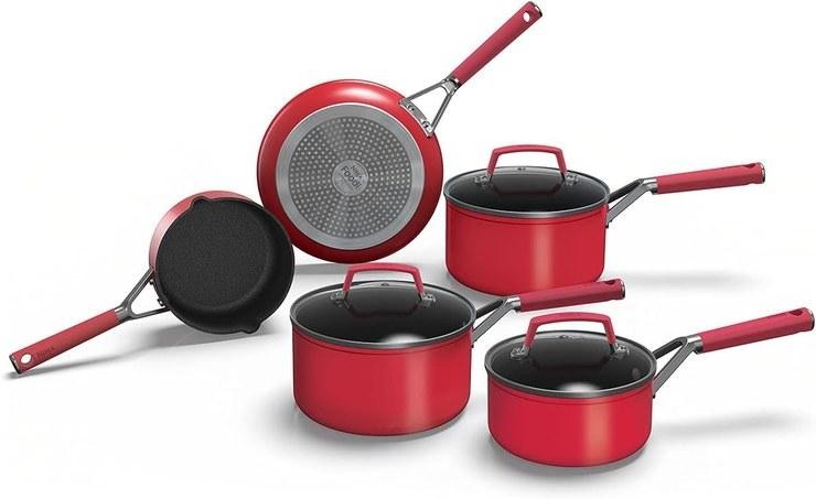 Ninja Foodi Zerostick Vivid 5-Piece Pot and Pan Set [C25000EU] Non-Stick, Induction Compatible, Dishwasher Safe, Deep Red