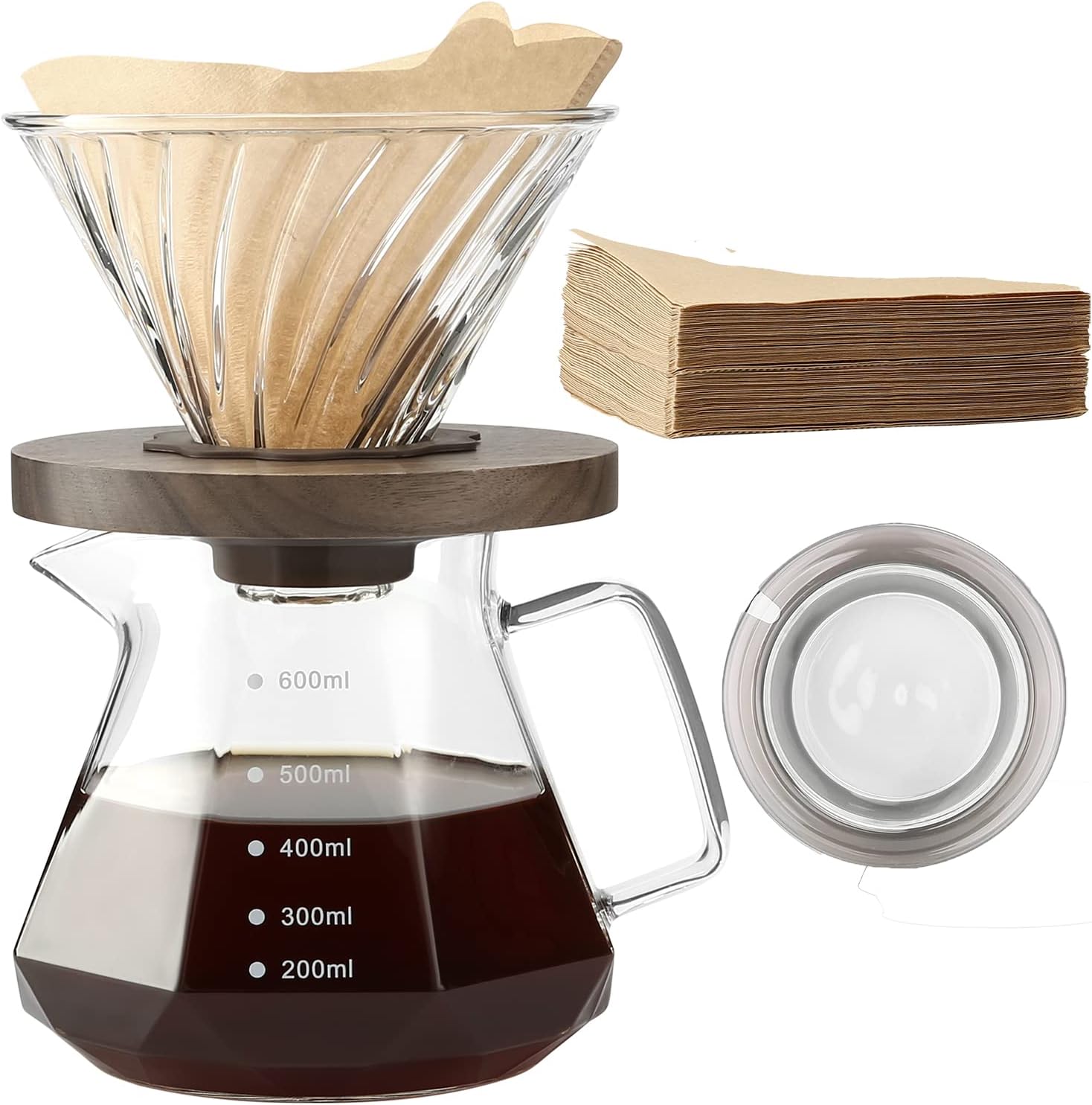Lalord Pour Over Coffee Maker - 600ml Borosilicate Glass Carafe Set with V60 Paper Filter, 80 Pieces, Walnut Handle and Coffee Pot Lid, Drip Coffee Machine, Perfect for 1-3 People