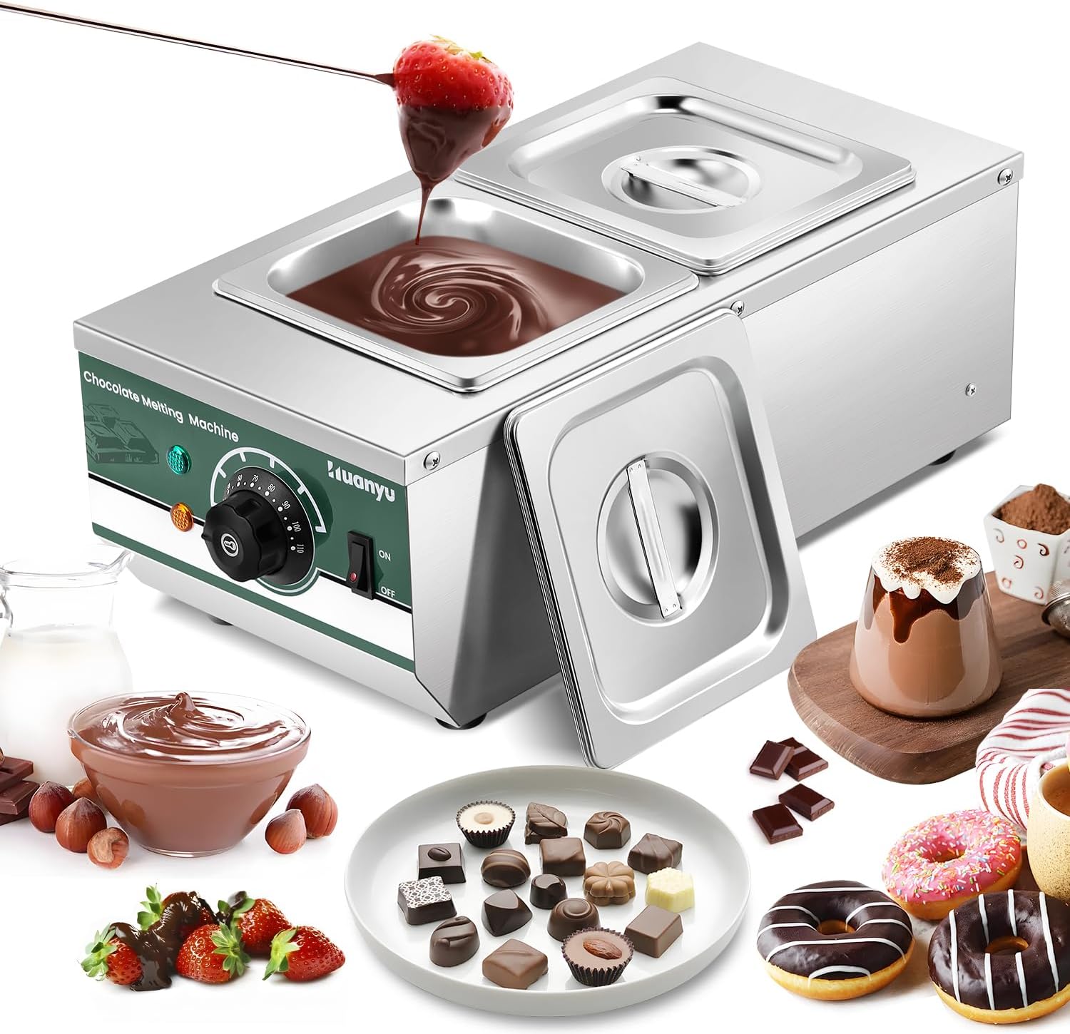 Huanyu Schokolade Temperiermaschine mit 2 Töpfen 30℃-110℃ Schokolade schmelzen Maschine 800W kommerzielle Schokolade Schmelzer Wasser Heizung Schokolade schmelzen Topf
