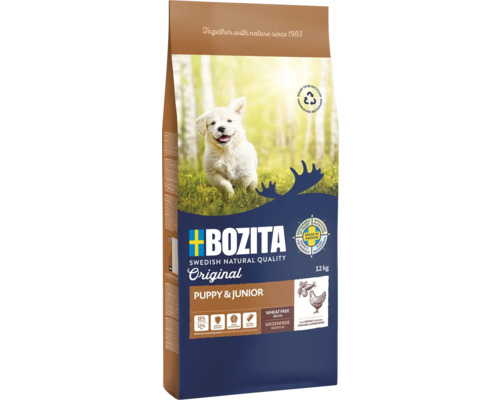 Dry dog ​​food BOZITA Original Puppy & Junior 12 kg, chicken, wheat-free, with dried blueberries and prizeberries, rose hips