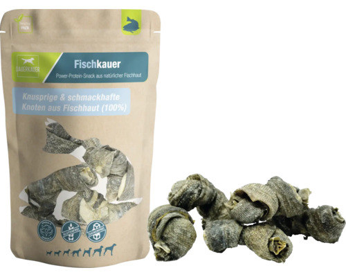 Dog snack DAUERKAUER fish chewer fish skin knots, 5 pieces, approx. 70 g dental care, stress relief for dogs, chewing item