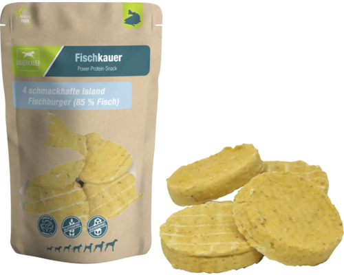 Dog snack DAUERKAUER Fischkauer Island fish burger, 4 pieces, approx. 140 g dental care, stress relief for dogs, chewing item