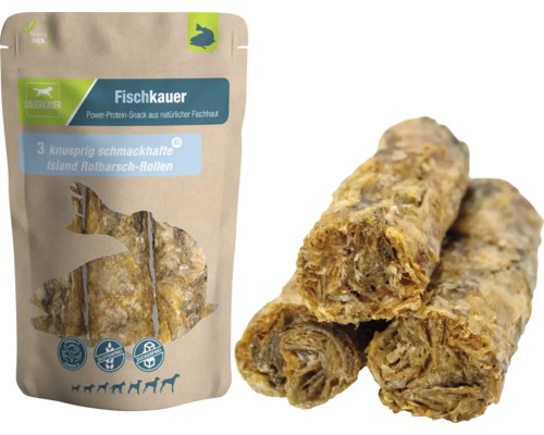 Dog snack DAUERKAUER fish chewer XL Iceland redfish roll, 3 pieces, approx. 180 g dental care, stress relief for dogs, chewing item
