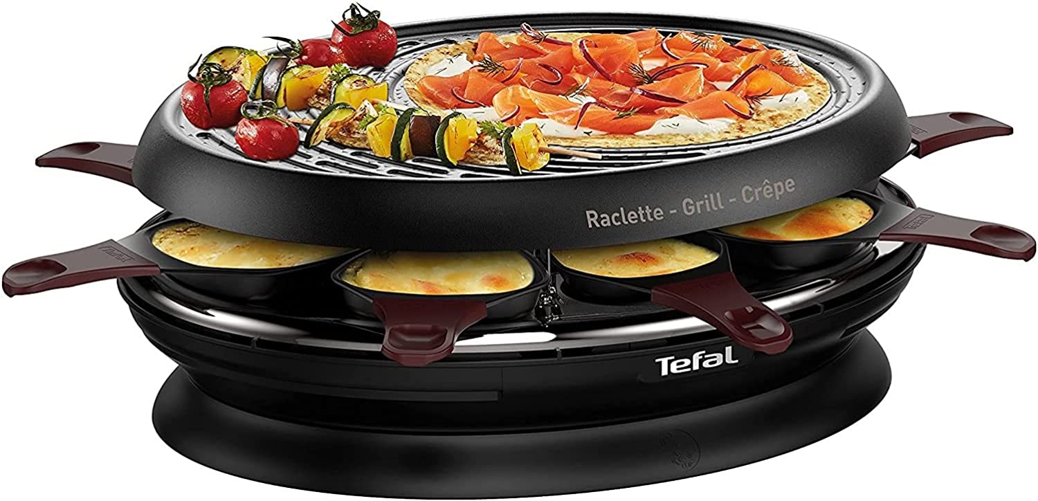 Tefal Re320 Raclette 8 people 1050W - 3in1 raclette, grill and crepe, 8 pans, non -stick coating, dishwasher -safe, party grille