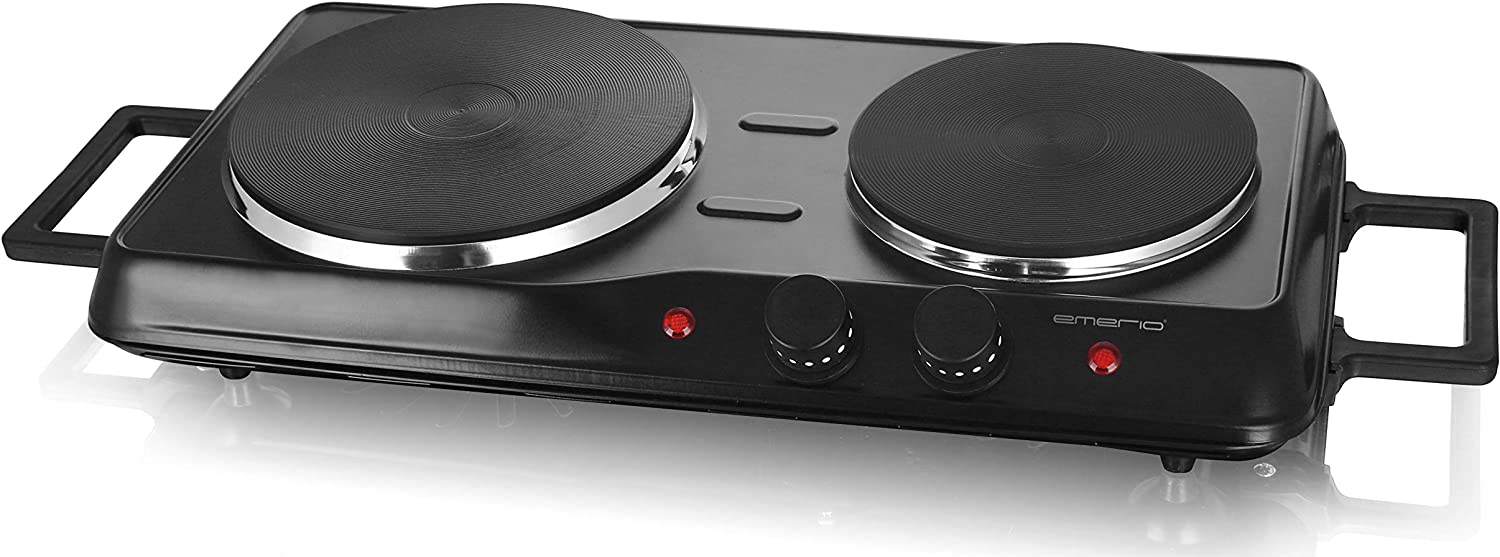 EMERIO Double Hob for Kitchen, Office or Camping, Continuous Temperature Setting, Camping Stove for Two Pots, Stainless Steel, 2500 Watt, 15.5 cm (No Plate) + 18.5 cm (Large Plate)