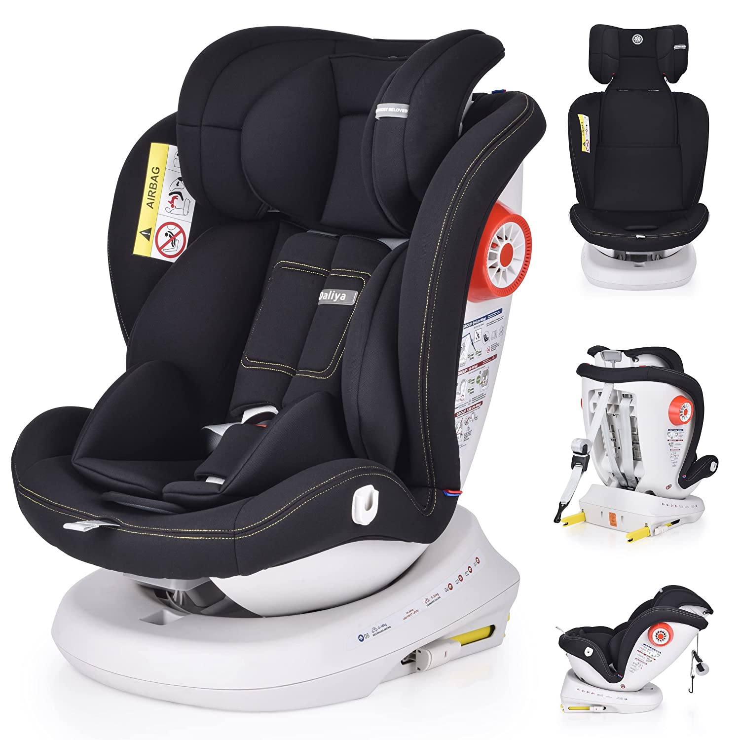 Daliya® ROTAZIONE Child Seat 0-36 kg with Isofix - Side Impact Protection (SIP) - Top Tether - 360° Rotation - 5-Point Harness - Drink Holder - Sun Cover - Baby Car Seat Group 0+ / I/II/III (Black)