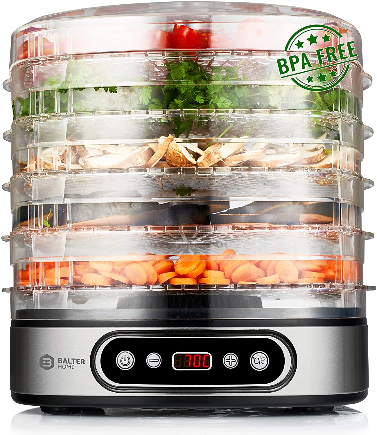 Balter Seco Dehydrator Machine 500 W with Digital Temperature Control from 35-70 °C 5 Levels Adjustable Height Dehydrator Machine Fruit Dryer Drying Device Temperature Setting BPA Free