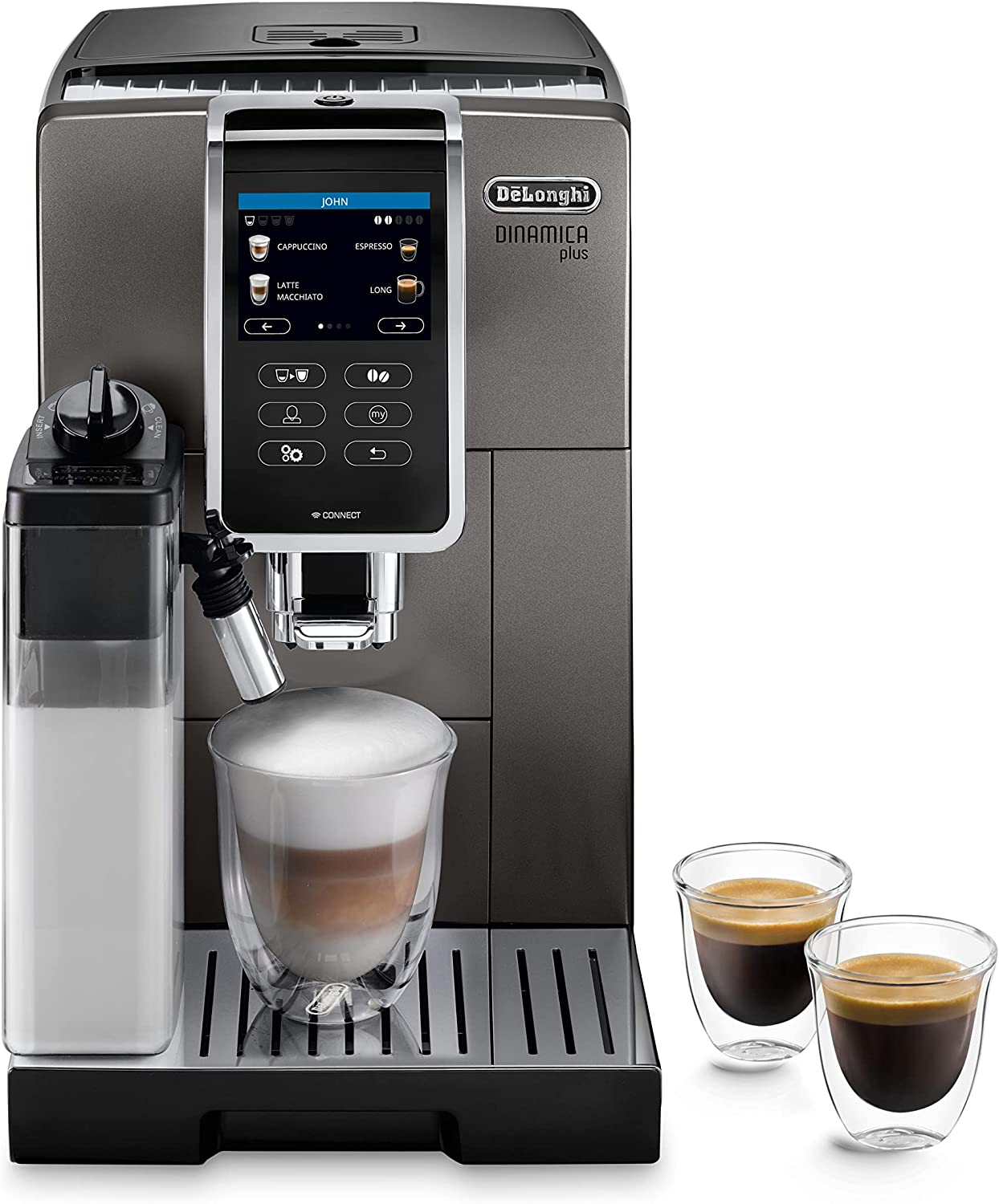 DeLonghi De\'Longhi Dinamica Plus ECAM 372.95.TB Kaffeevollautomat mit Milchsystem, Cappuccino und Espresso auf Knopfdruck, 3,5\" TFT Touchscreen Farbdisplay, App-Steuerung, Kaffeekannen-Funktion, Titan/Schwarz