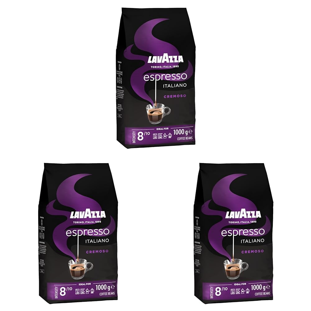 Lavazza, Espresso Italiano Cremoso, Arabica and Robusta Coffee Beans, with Aroma Notes of Spices and Cocoa, Intensity 8/10, Medium Roast, 1 Pack of 1 kg (Pack of 3)