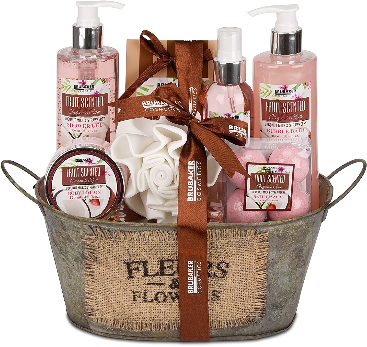 Brubaker Cosmetics Bath and Shower Set Coconut and Strawberry Fragrance 10 Piece Gift Set in Vintage Tub, ‎pink