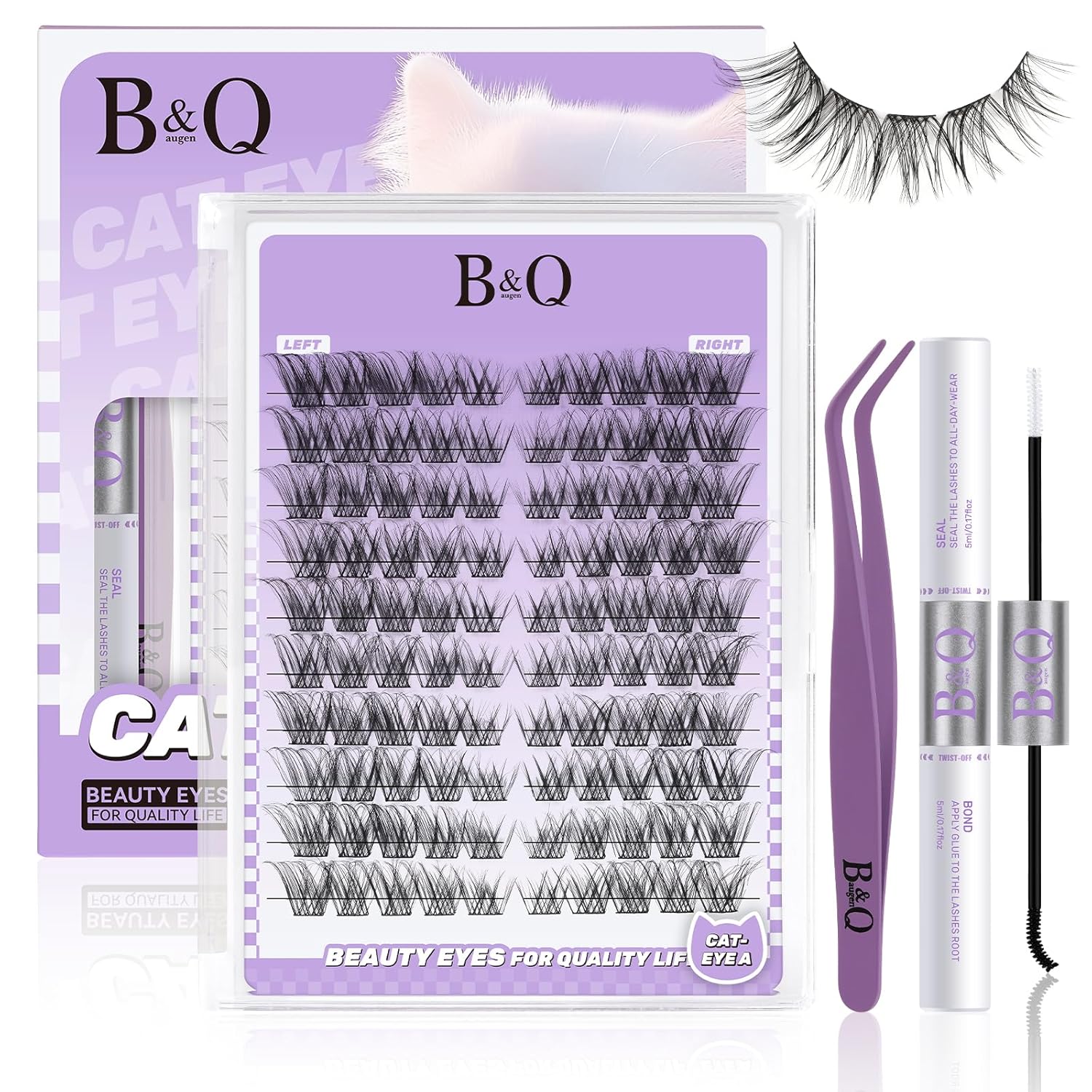 B&Qaugen Lash Extension Set 10 Pairs Lashes Cat Eye Natural Eyelashes D Curl Artificial Eyelashes Natural No Lash Map Cat Eye Lashes Extension Set with Bond & Seal and Tweezers (Cat Eye Set A)