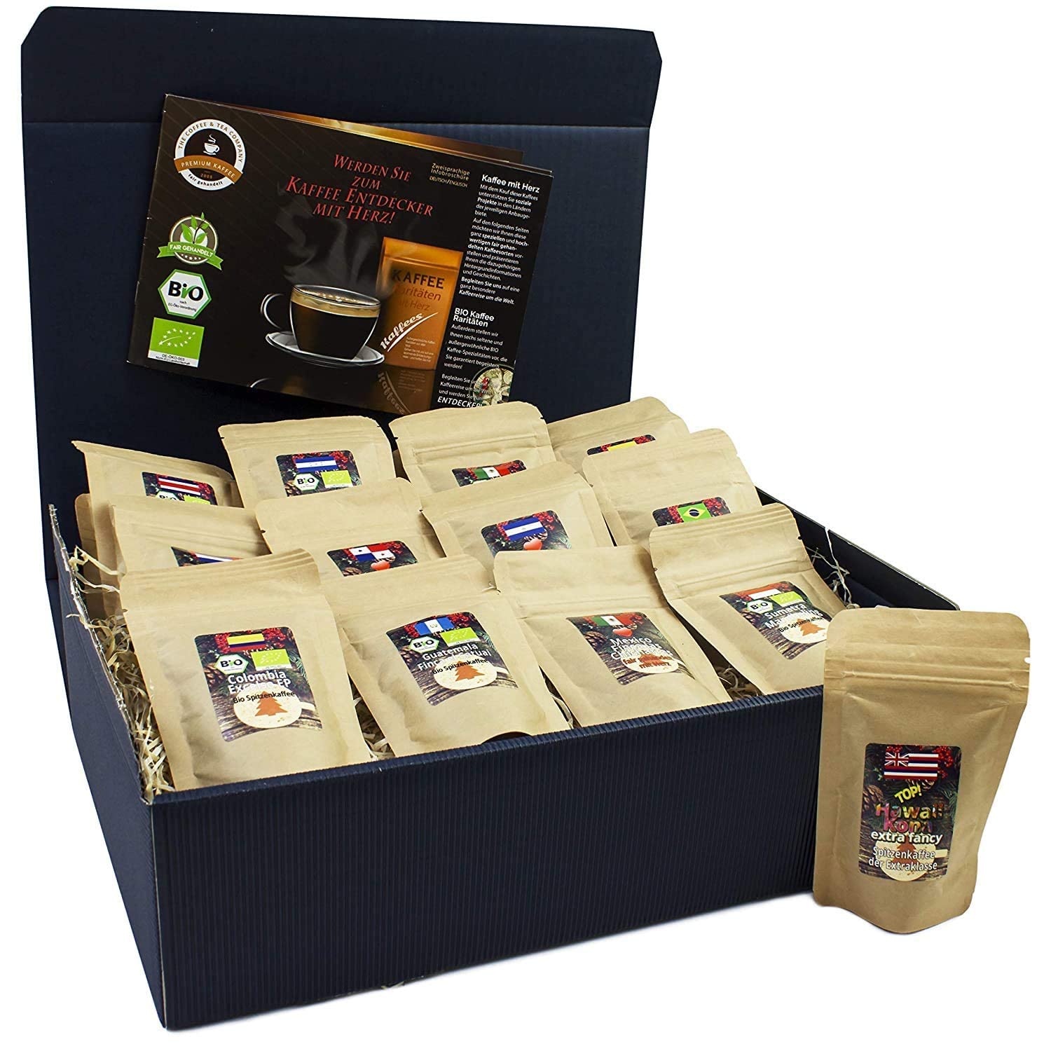 C&T Bio Fair Trade Coffee Gift Set | 13 varieties of 20g entire beans Biological & fair trade coffee rarities from all over the world + surprise | Gift for men and women