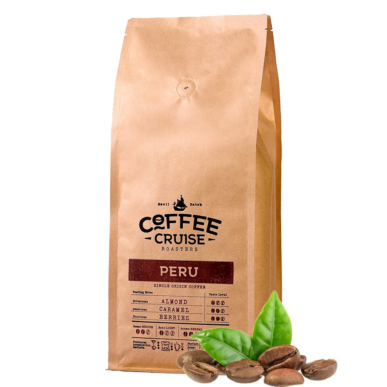 Coffee Cruise Peru coffee beans 1kg - slight roasting - aroma caramel and herbs - for all coffee machines - 100% Arabic