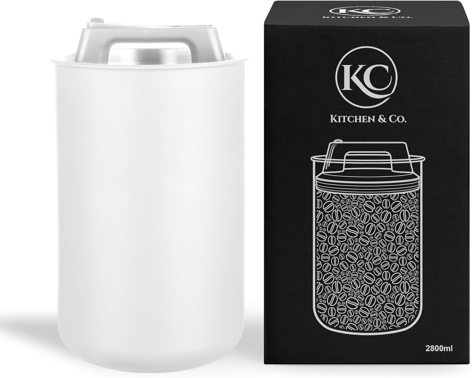 Airtight Coffee Canister for 1 kg Coffee Beans with Vacuum Lid (Container for Coffee, Tea, Stainless Steel Container for Storage with Aroma Closure, Storage Jar for 1000 g Coffee) White (2800 ml)