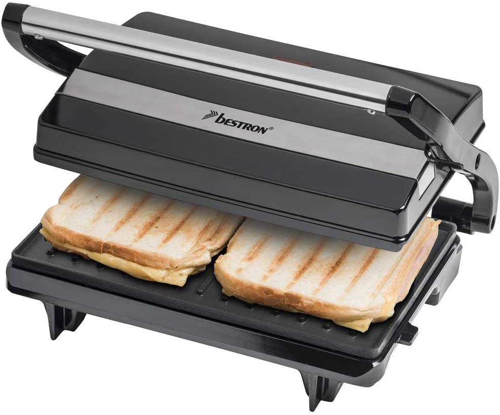 Bestron Electric contact grill with drip tray, sandwich maker with cool touch handle, panini maker with non-stick coating, 700 watts, APM123Z, colour: black