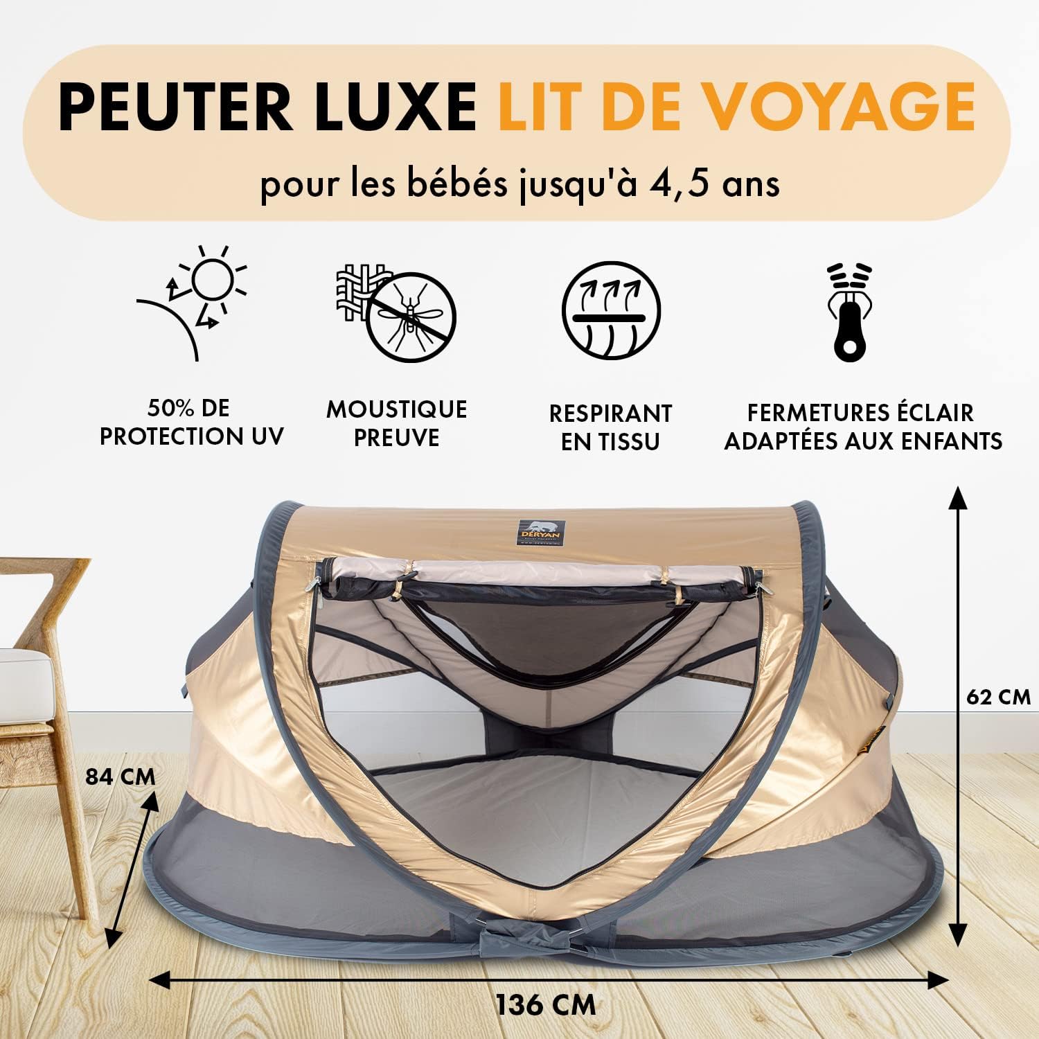 Deryan Toddler Travel Cot with Mattress from Birth to 2.5 Years – Pop Up Toddler Cot Baby Tent set up in 2 Minutes – Includes: Mosquito Net & Travel Bag 136 x 84 x 62 cm (Cream).