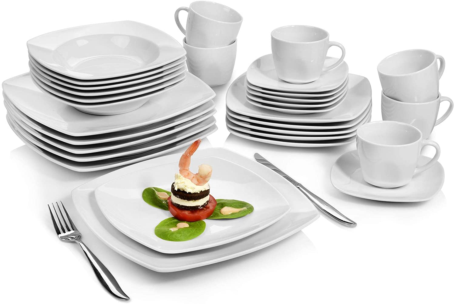 SÄNGER Dinner Service Markant White, 30-Piece Porcelain Crockery Set for 6 People, Square Plate Set, Dinner Plate