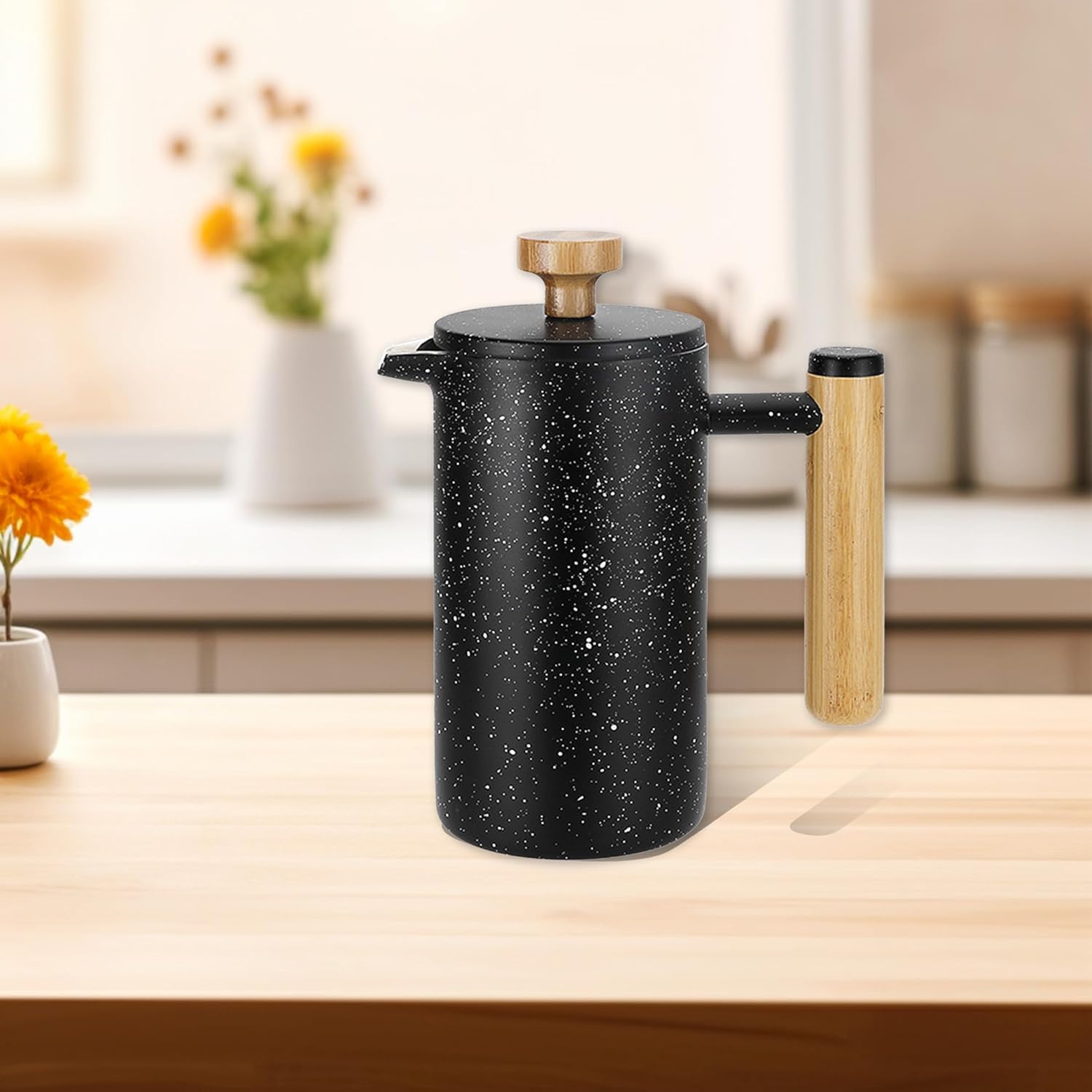 UUE French Press, Stainless Steel French Press, Coffee Maker with Wooden Handle, Coffee Maker French Press with Warming Function, A French Press Camping Suitable for Camping, Black