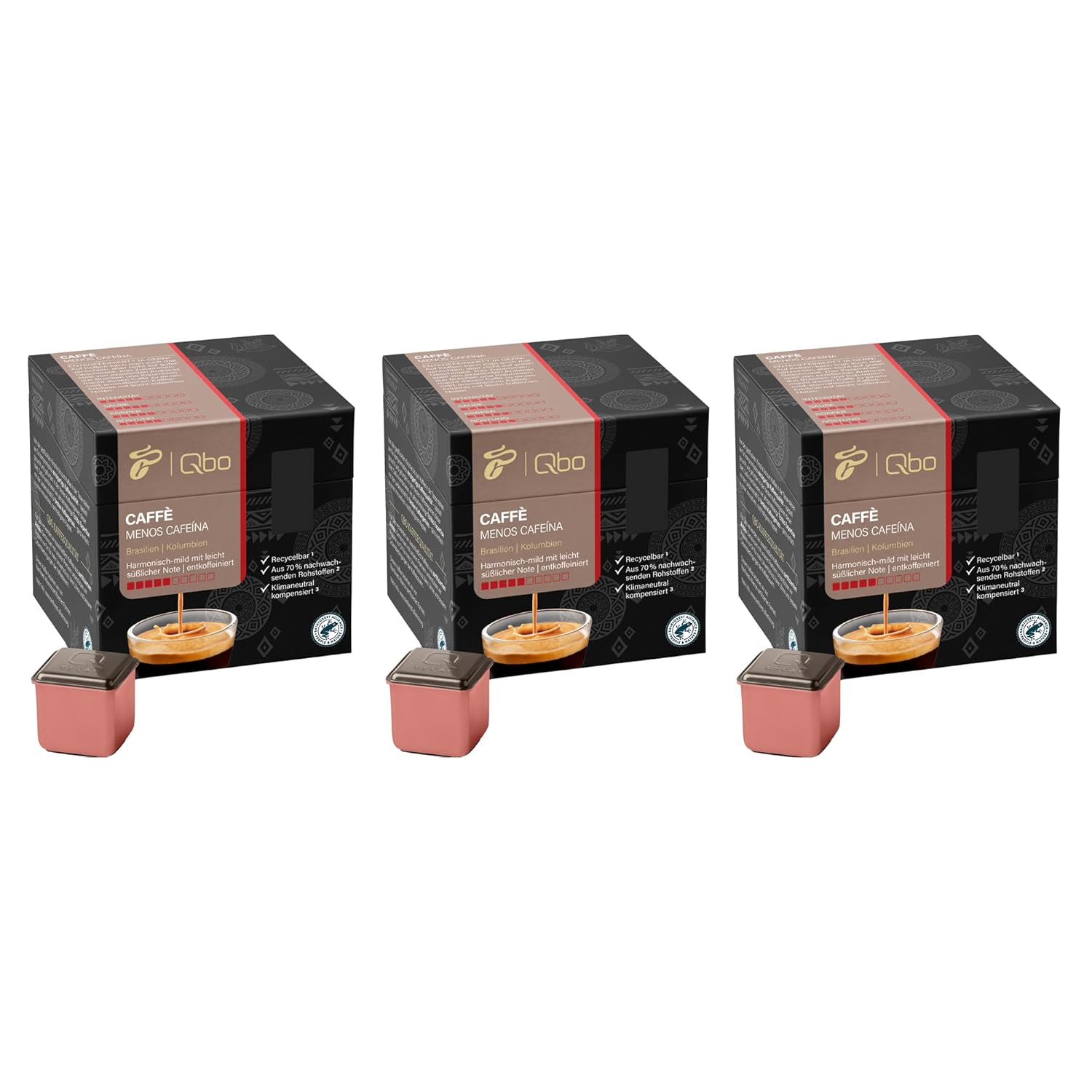 Tchibo Qbo Caffè Menos Cafeína Premium Coffee Capsules, 81 Pieces - 3 x 27 Capsules (Caffè, Intensity 5/10, Mild and Sweet, Decaffeinated), Sustainable, Made from 70% Renewable Raw Materials