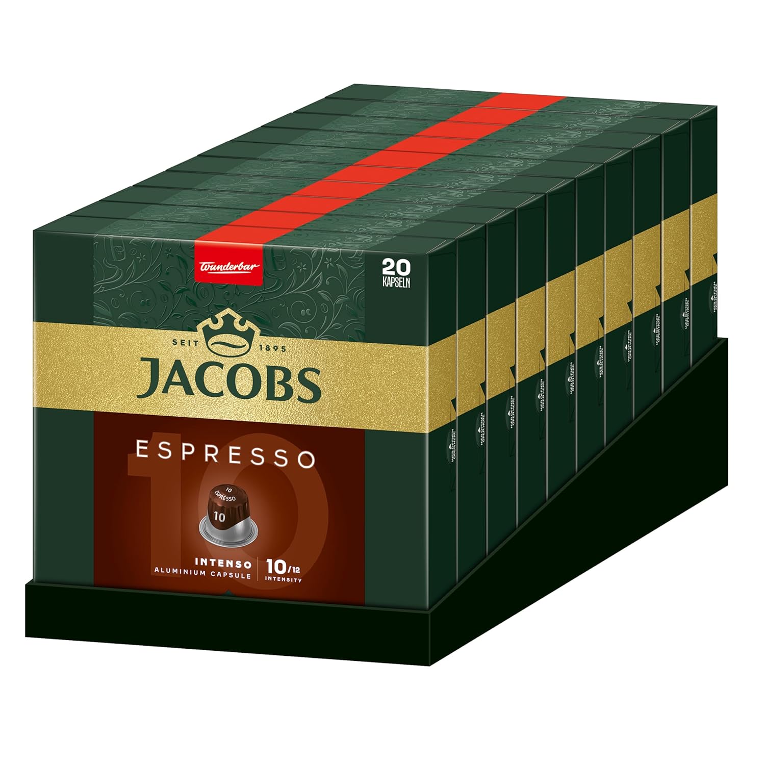 Jacobs Espresso Intenso 10 Coffee Capsules, Nespresso* Compatible Capsules, Intensity 10/12, Intensive & Powerful, Pack of 200 (10 x 20 Drinks)