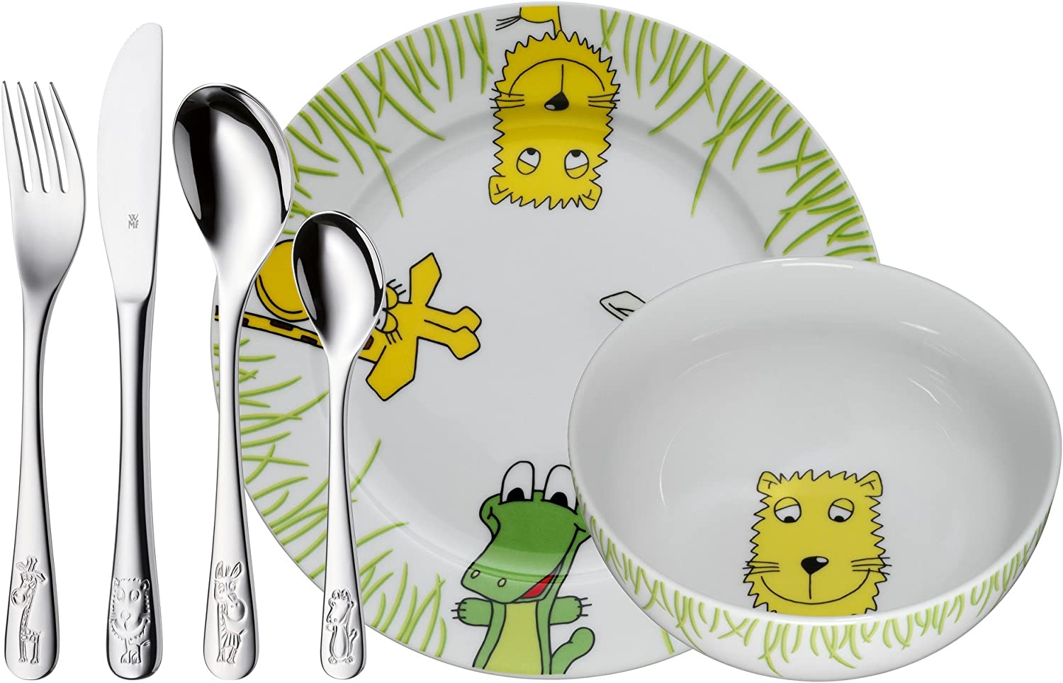 WMF Safari 6-Piece Children\'s Tableware Set for Ages 3 and Above Polished Cromargan Stainless Steel Customisable Cutlery Dishwasher-Safe