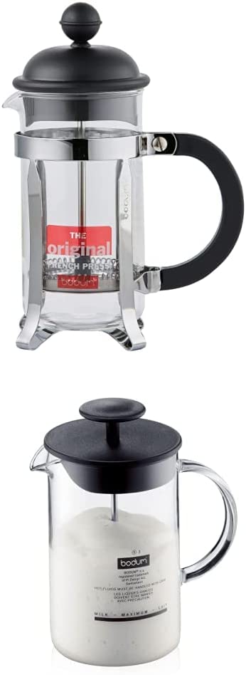 Bodum CAFFETTIERA Kaffeebereiter (French Press System, 0,35 liters), schwarz + Milchschäumer mit Glasgriff Latteo, schwarz