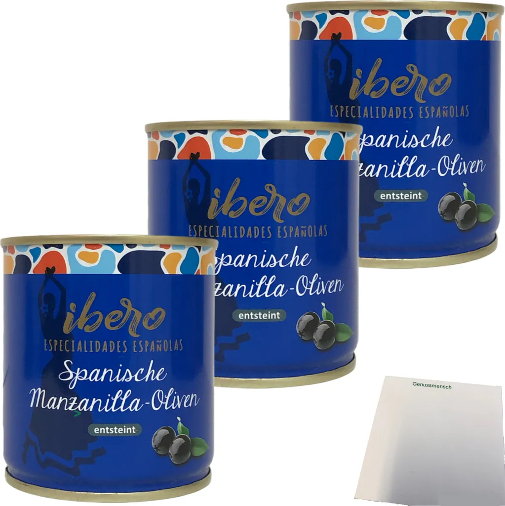 Ibero Spanish black Manzanilla olives pitted 3-pack (3x200g can) + usy block