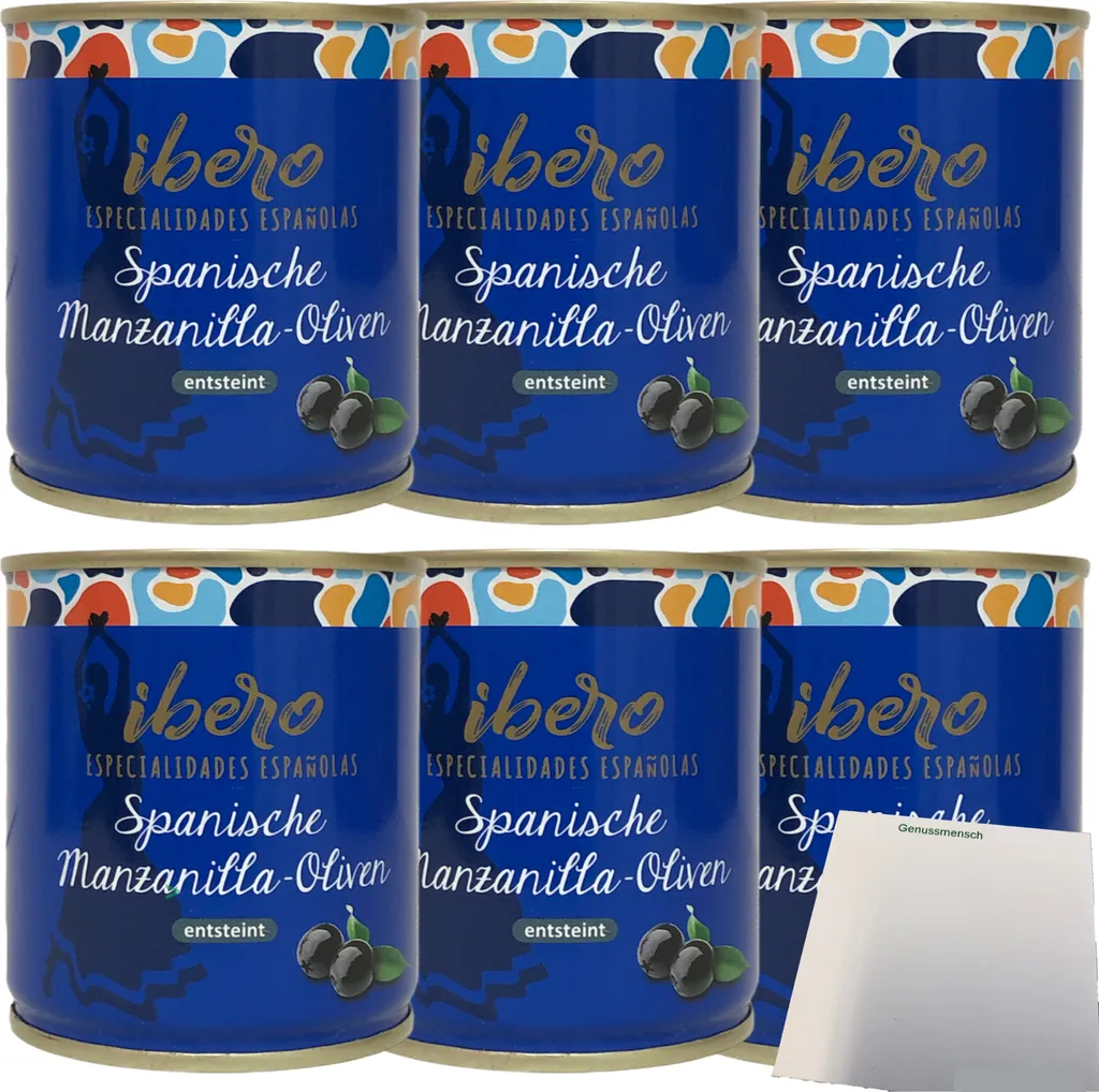 Ibero Spanish black Manzanilla olives pitted 6-pack (6x200g can) + usy block