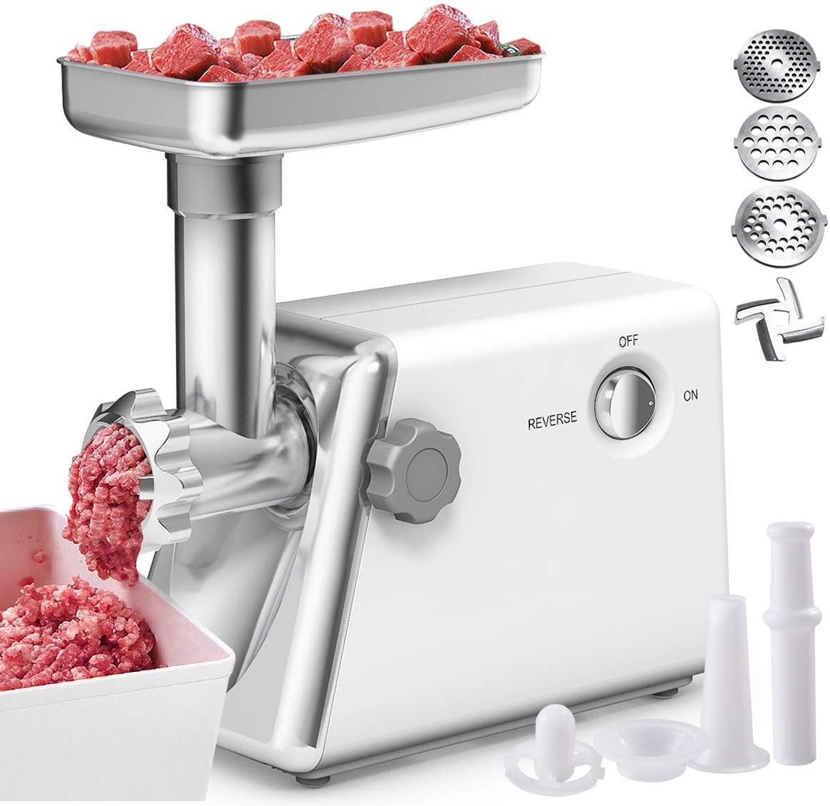 COSTWAY Electric Meat Grinder Sausage Machine Sausage Filler with Sausage Attachment Chopper Meat Grinder Biscuit / 1200 W / Metal Gearbox / 3 Perforated Discs / Stainless Steel Blade