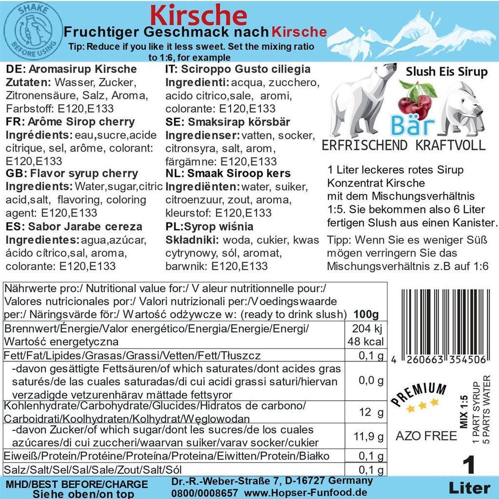 ICE BÄR Slush Sirup Konzentrat AZO FREI Eis Kirsche 1 Liter